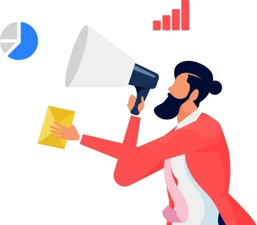 Illustration of a person speaking through a megaphone surrounded by charts
