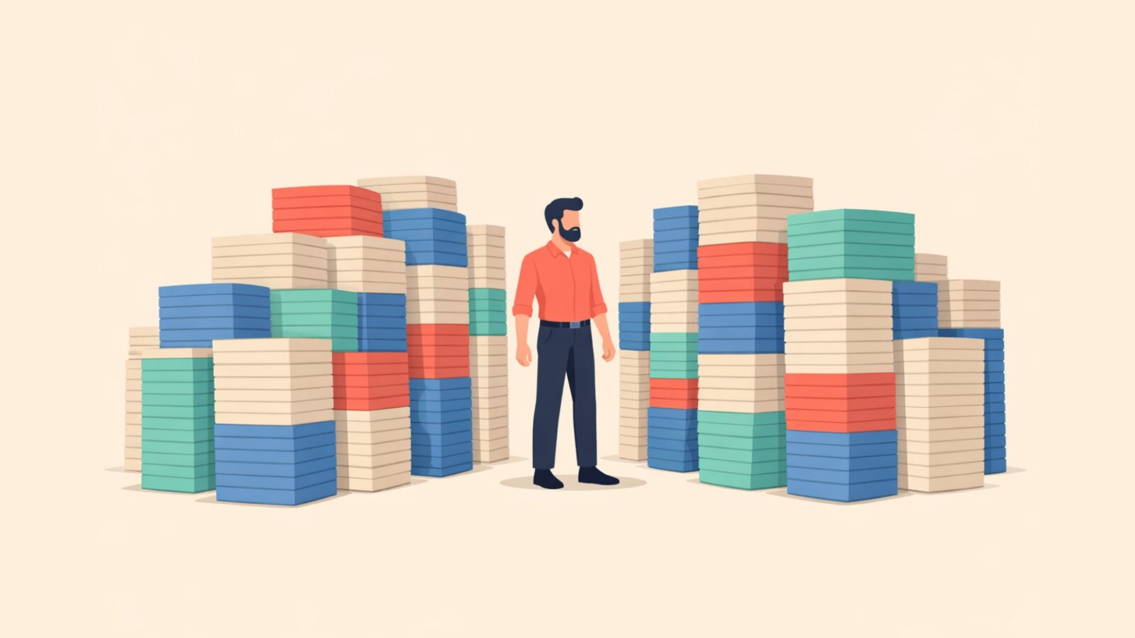 Man stands among towering stacks of colorful paper