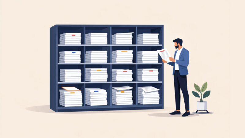 Man reviewing document next to file cabinet