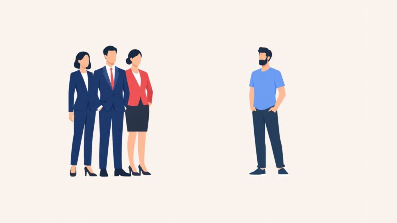 Business group facing a single man